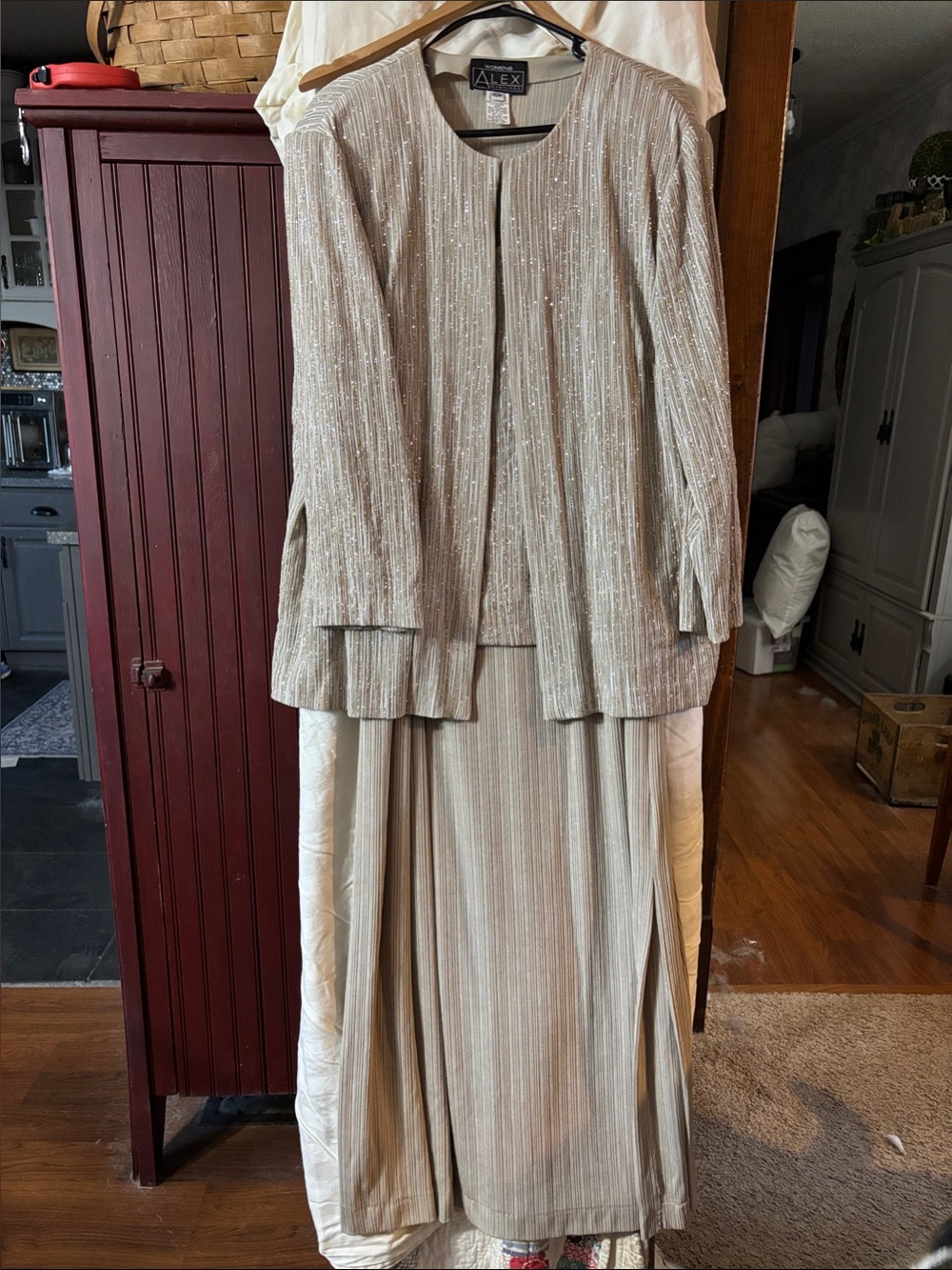 Alex Evenings Champagne Metallic Maxi Dress w/ side slit w/ Jacket Set